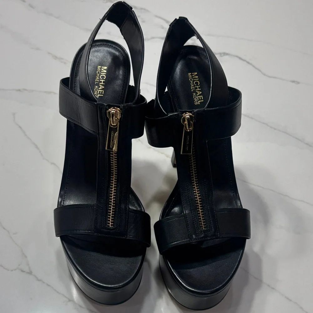 MICHAEL Michael Kors Black Platform Sandal with Gold Zip